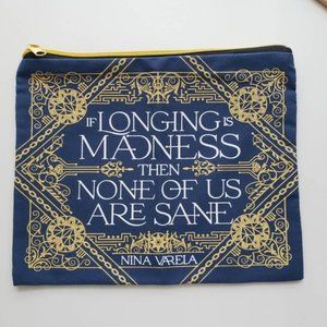 Illumicrate Crier's War Fabric Zipper Pouch Nina Varela Iron Heart with Book Quo